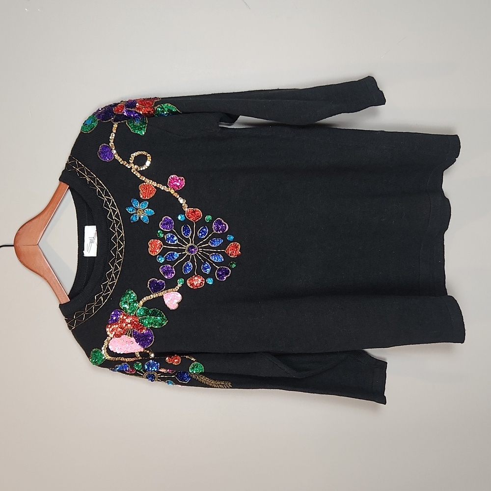 Vintage SML Sport Ltd Black Sweater Sequins Beads Size Medium